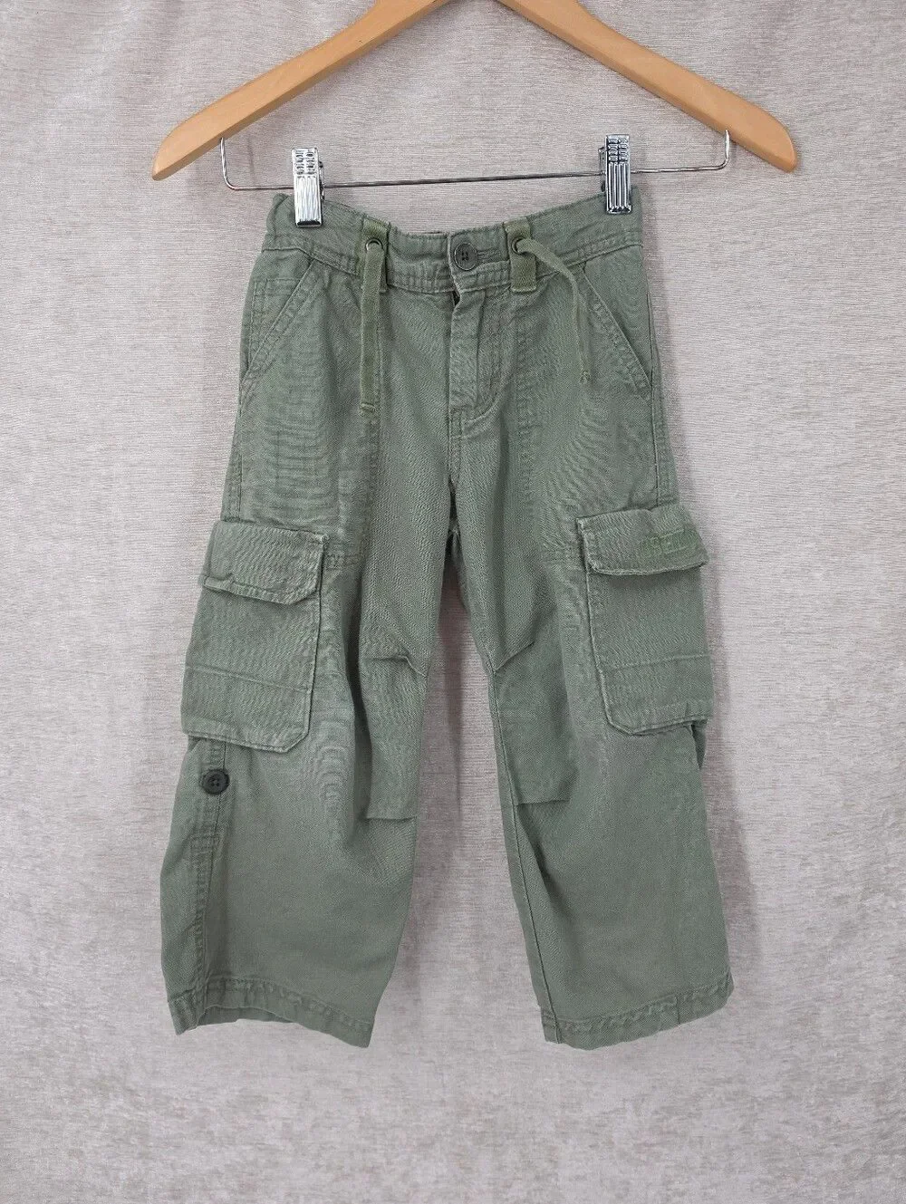 Y2K Linen Cotton Boys Olive Green Cargo Pants Drawstring Waist Roll Tab Ankle